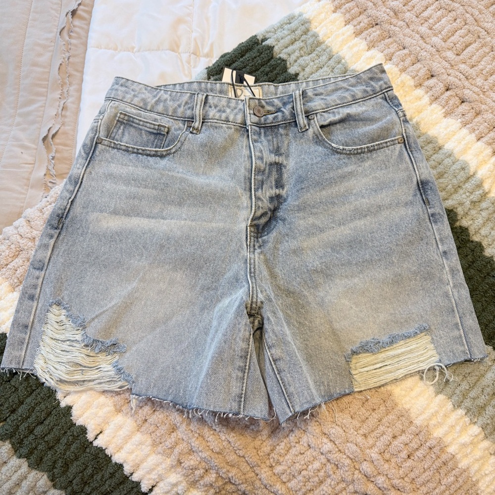 AMPERSAND AVE Light Blue Distressed High-Rise Denim Shorts - Picture 2 of 7